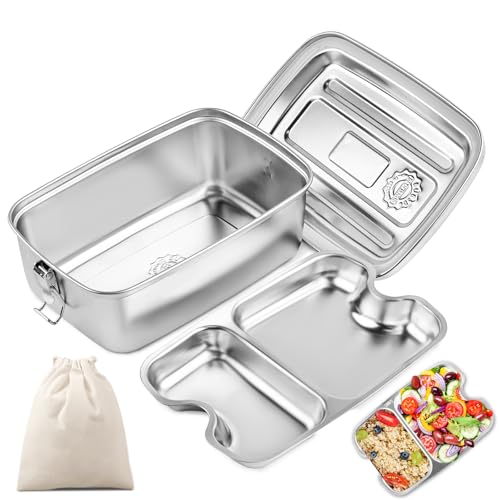 WuGU 2000ML Fiambrera de Acero Inoxidable, Fiambrera a Prueba de Fugas con Compartimentos y Anillo de Sellado, Fiambrera Bento sin BPA, Fiambrera de Metal para Adultos y Niños