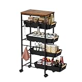 Landmok 5-Tier Slim Storage Cart, Wooden Top Rolling Kitchen Cart with Pull-Out Baskets & Wheels, Narrow Space Utility Cart Slide Out Organizer for Kitchen, Bathroom, Laundry Room, Black
