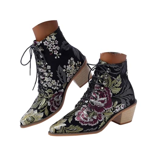 Womens Vintage Floral Embroidered Block Heel Cowboy Boots Heighten Ethnic Ankle Booties for Women Bride Wedding Party Pointed Toe Chunky Heels Combat Boot Lace Up Short Dress Boots