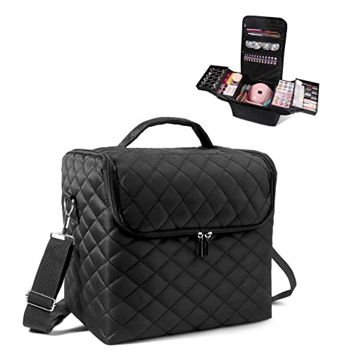 Makeup Travel Train Case, Large Black Makeup Nail Polish Organizer Bag, 4 Tier Professional Makeup Bag Storage Box Waterproof Cosmetic Train Case With Straps Pockets For Nail Tech Supply Makeup Tools #TOP8