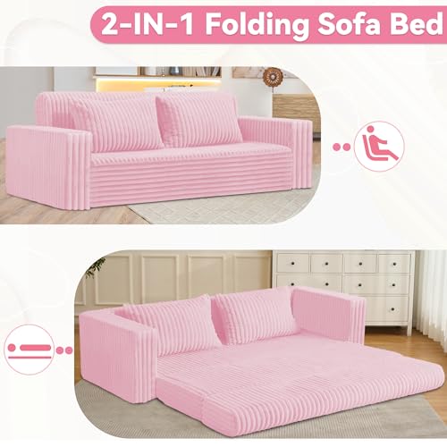 Image of HABUTWAY 78 inch Loveseat Boneless Couch, 4-in-1 Convertible Sofa Bed, Plush Fur Folding Futon Sofa Bed Couches with 2 Pillows for Living Room, High-Density Foam Support, No Assembly Required, Pink