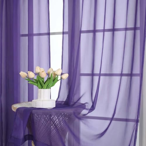 Image of Purple Sheer Curtains 72 Inches Long 2 Panels Set, Light Filtering Sheer Curtains for Living Room Bedroom 59 Inch Extra Wide, Modern Voile Filmy Rod Pocket Window Drapes, 59Wx72L Inches