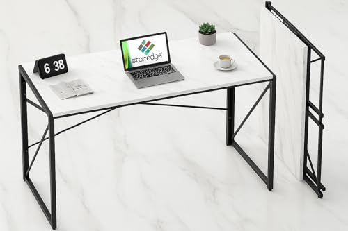Image of STOREDGE Folding Study Desk | 8-Second Foldable Computer Table for Home & Office | Space-Saving Work from Home Desk | Strong Metal Frame & Wood Brak Top | 37 inch x 19 inch /50 KGs Capacity (White Marble)