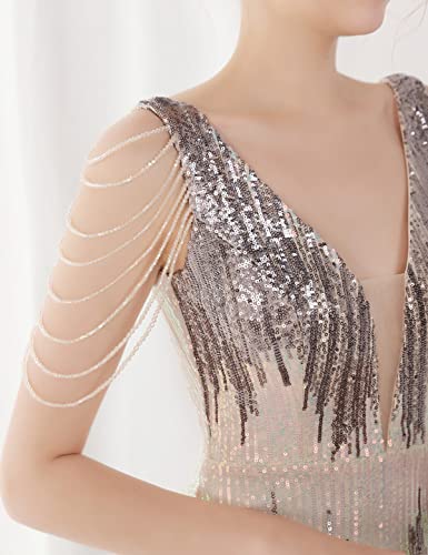 Image of Women 1920s Plus Size Formal Dress Tassels Sleeve Sequins Gatsby Maxi Evening Gown