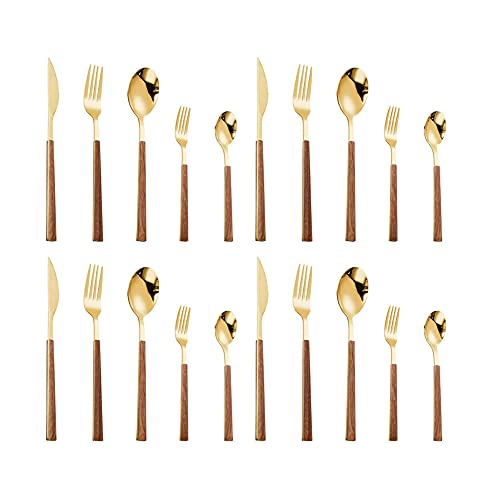 GLETSF Silverware Flatware Cutlery Set, 15-Piece 304 Stainless Steel Cutlery Steak Knife, Fork and Spoon Dessert Knife, Fork and Spoon Set,Silver-6Set,Gold-1Set