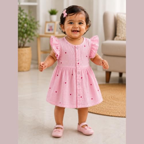 Image of Lilimi Toddler Baby Girl Cotton Muslin Dress, Breathable Flutter Sleeve Button-Front Cute Frocks