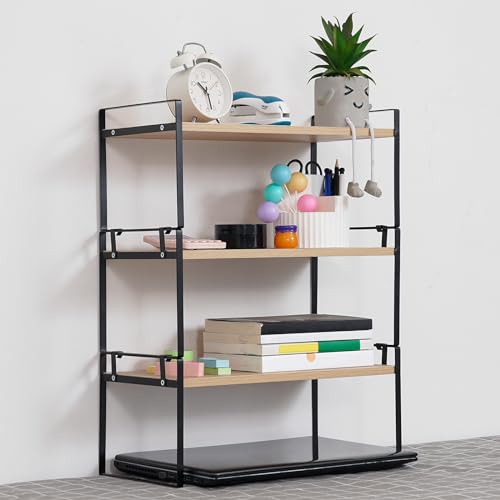 Image of YGYQZ Wood Office Desk Shelf Organizer - Desktop Supplies Cute Dresser Top Organization Storage Rack and Cubicle Decor Aesthetic Bookshelf for Women Man and Kids (Black Wood-Three Tier)