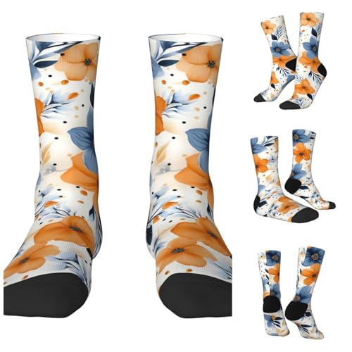 LZQPOEAS Blue and orange flowers on white background Athletic Socks Unisex Cushioned Crew Socks Hiking Running Calf Sock Soft Above Ankle Sock