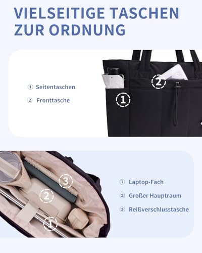 Handtasche Damen Tote Bag 20L Groß Gesteppt Shopper Tasche mit Laptopfach (15,6 Zoll) & Getränkehalter (40oz/1.18L), Ideal für Büro Schule Reisen Shopping, Schwarz (Patent Angemeldet)