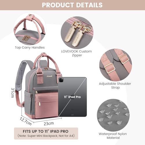 LOVEVOOK Rucksack Damen Klein, Wasserdicht Cityrucksack Handtasche 2 in 1, Mini Tasche Daypack Backpack Women Elegant für Freizeit Schule Reisen Arbeit, Rosa Grau