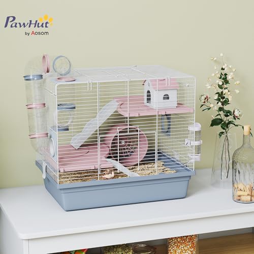 PawHut Hamster Cage, 3-Tier Gerbil Cage with Exercise Wheel, Food Bowl, Water Bottle, House, Tunnels, Ramps, Small Animal Habitat for Dwarf Hamster, Blue - Image 3