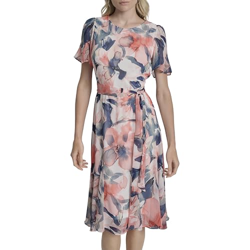 Image of DKNY Women's Flutter Sleeve Round Neck Waist Tie Midi Dress