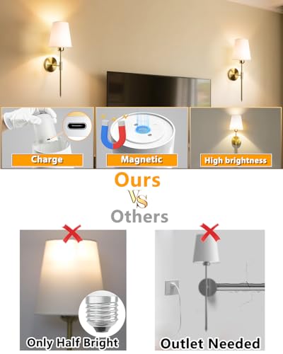 Image of Adetu Battery Operated Wall Sconce Set of 2, Gold Wireless Battery Wall Lights