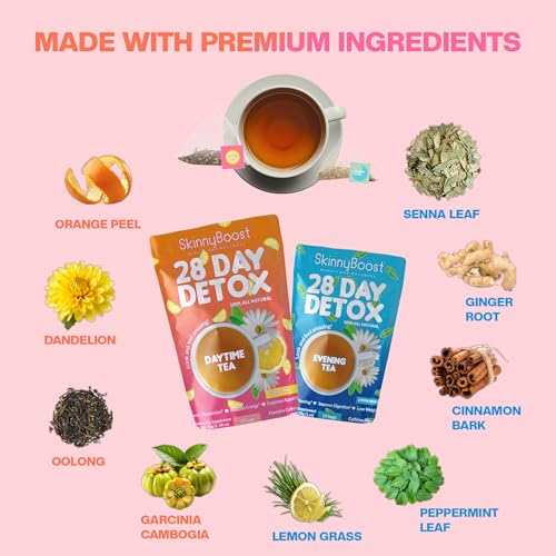 Skinny Boost 28 Day Detox Tea Kit –Daytime (28 Bags) + Evening -(14 Bags) – Herbal Detox for Weight, Metabolism, Energy, Bloating & Colon Cleanse – Green Tea, Senna, Vegan, Keto, Non-GMO, Sugar-Free