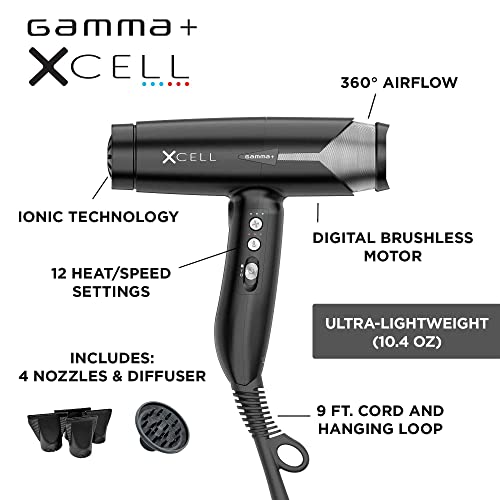 Gamma+ Xcell Professional Ultra-Lightweight Hair Dryer Digital Motor Ionic Technology Whisper Quiet 12 Heat/Speeds, Matte Black #TOP2