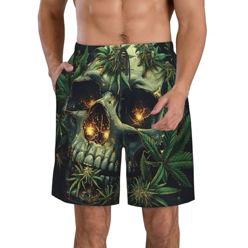 Marijuana Skull Hippie Cannabis Leaf Death Art Black Men's Quick Dry Swim Trunks Surfing Beach Mesh Board Shorts