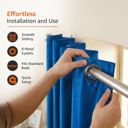 Image of Amazon Basics - Room Darkening Blackout Door Curtains, 100% Room Darkening | 5 Feet |Set of 2| Plain Design | for Living Room and Bedroom | 115cmx 150cm, Color- Blue