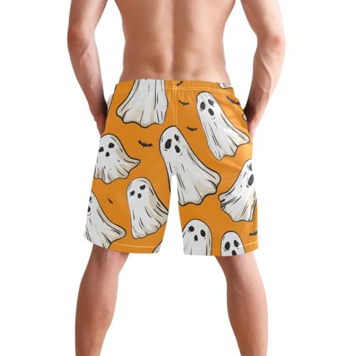 Men's Swim Trunks Quick Dry Swimming Shorts with Pocket Ghost Pattern on Orange Background Swimsuit Trunks2