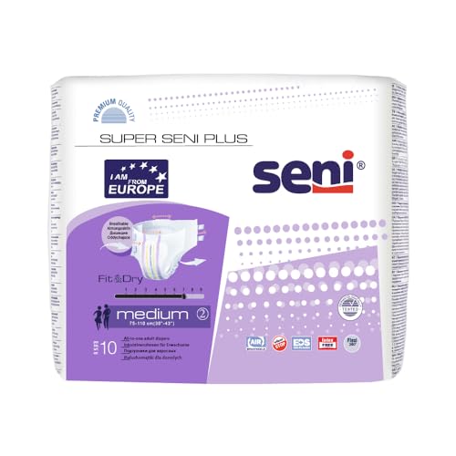 Super Seni Plus breathable tape style adult diapers | double wetness indicator | premium fasteners | latex free | ultra absorbent | odour stop | dermatologically tested | side leakage protection |size medium | weist size 30" - 43" (75 cm - 110 cm) | Pack of 1 | 10 Pcs