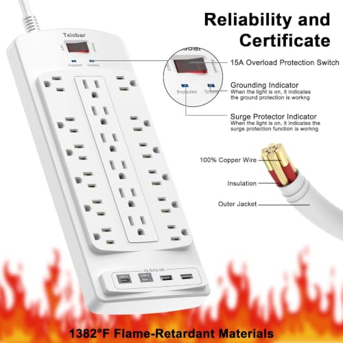 Image of 18 Outlets Surge Protector Power Strip - Teiobar 6 Feet Flat Plug Heavy Duty Extension Cord with 18 Widely Outlets and 4 USB Ports, 2100 Joules, White, ETL Listed