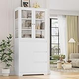 HIFIT 71' Large Bookcase with Glass Display Cabinet and 3 Tier Wide Book Shelves, Tall Bookshelf with 3 Storage Drawers, China Cabinet with Glass Doors for Kitchen and Dining Living Room Office, White