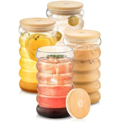 Image of SYANKA Premium Bubble Glass Sipper Can Set of 4, 510 ML, Transparent, Mason Jar Cup with Lid and Straw, Drinking Glasses for Smoothies, Iced Coffee, Boba Tea, Cocktails, Beer, Juice & Milkshakes