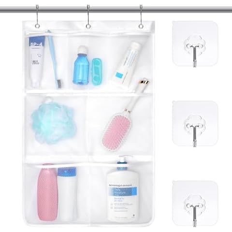 F-color Shower Organizer for Cruise Ship Essentials - with 3 Adhesive Hooks and 3 Metal Loop Hangers, Quick Dry Mesh Shower Caddy Hanging, 7 Pockets Bathroom Bag Tote for Shampoo, Soap, White Cover