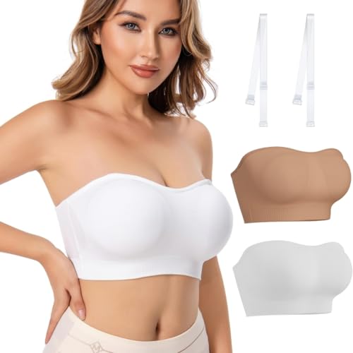 2 Stück Bandeau BH Damen Trägerloser BH Push Up Bustier Top ohne Bügel Schulterfrei Bra Tube Top mit Rutschfester Silikon Transparente Träger Weiß+Beige L