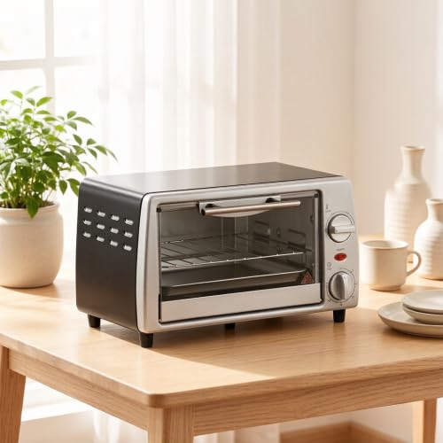 Mini Backofen 10 L ohne Umluft, kleiner Ofen für 2, 100-230°C, Timer | Mit Glasfenster & 2 Ebenen, herausnehmbare Krümelschublade, spülmaschinenfeste Teile, extra kompakt für kleine Küchen