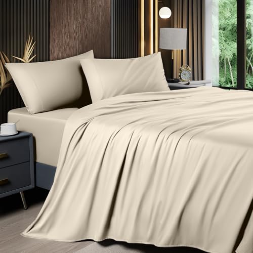 Image of Shilucheng 4 Piece King Sheet Sets, Cooling Sheets, Blend Rayon Derived from Bamboo, Deep Pocket Up to 16 inch, Breathable & Soft Bed Sheets, Hotel Silky Bedding Set, Sand