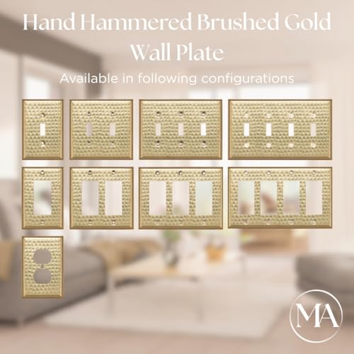 Image of Monarch Abode Single Toggle Light Switch Cover Plate - 1-Gang Brushed Gold Outlet Covers, Hand Hammered Decorative Outlet Cover Wall Plates, Light Switch Plate Covers for Electric Outlets, Pack of 2