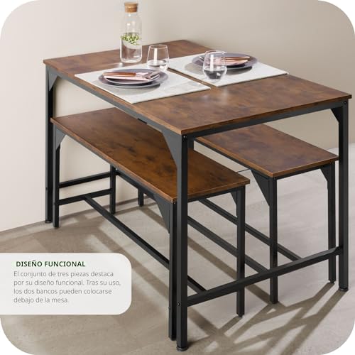 TecTake® Conjunto de Mesa y Bancos, Estilo Industrial Minimalista, Mesa de Comedor con Banco, Muebles para Salón y Cocina, Marco de Acero y Madera con Revestimiento en Polvo, Fácil Montaje - Oscuro - imagen 9