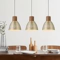ELYONA Pendant Lights for Kitchen Island, 7” Solid Wood Vintage Hammered Metal Hanging Light Fixture Adjustable Height Antique Gold Pendant Lamp for Farmhouse, Dining Room, Brushed Brass, 3 Pack Small
