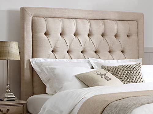 mm08enn BEAUTIFUL LUXURY SPEICAL BEDWORTH HEADBOARD WITH MATCHING BUTTONS IN LINEN FABRIC IN 30" HEIGHT (4ft6 double, Brown)