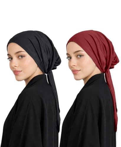 Image of Mehar Women's Hair Ponytail Cap Set of 2 | Soft Stretchable Polyester Hijab Inner Cap | Adjustable Tie-Back | Scarf & Helmet Inner | One Size Fits All