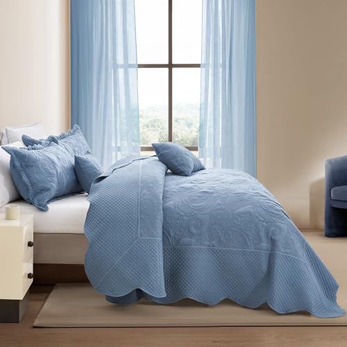 Image of Oversized King Bedspread, Stitched Paisley Quilt Set King /Cal King, Lightweight Reversible Coverlet, Scalloped Edge - Soft Modern Classic Look, 5 Piece, Smokey Blue
