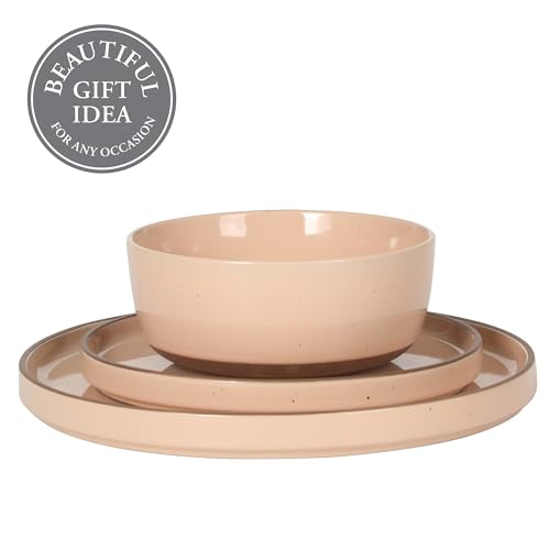 Image of Gibson Elite Northrock Stoneware Dinnerware Set, 12-Piece Service for 4 Plates and Bowls Set - Pink Dishes with Hand-Painted Terracotta Base