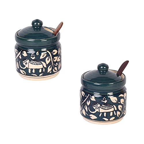 Image of AAKRITI ART CREATIONS Jungle Elephants Pickle Barni Set of 2 with Spoon | Ceramic Achar ki Barni & Mukhwas Box | Handcrafted Madhubani Storage Jar for Spice, Pickle & Chatni