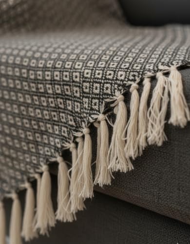Image of HAKAM Black & White Diamond Cotton Throw Blanket | Handwoven Geometric Pattern Sofa & Bed Throw with Tassels | Soft Decorative Blanket for Living Room & Bedroom | 125X150 cm | Pack of 1
