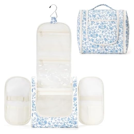 Narwey Hanging Toiletry Bag for Women Travel Makeup Bag Organizer Toiletries Bag for Cosmetics Essentials Accessories (Large, Little Blue Flower)