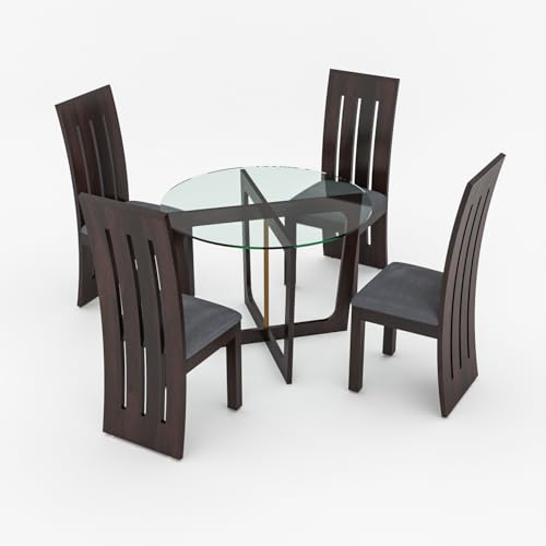 Image of Solid Sheesham Wood Dining Table Set of 4| Wooden 4 Seater Dining Table with 4 Cushion Chairs |Wood Dining Table & Chairs for Home, Restaurant, Cafe, Dining Room | Walnut Finish