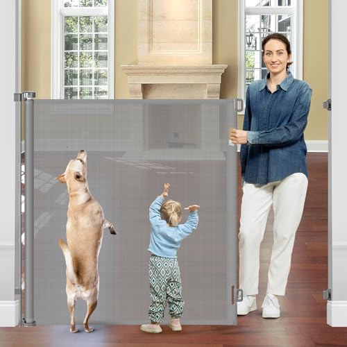 48 Extra Tall Retractable Dog Gate Indoor Prevent Your Baby/Dog/Cat from Jumping Over 55 Wide Extra Tall Retractable Baby Gate for Doorway Mesh Gates for Kids or Pets Puppy Gates for the House Gray