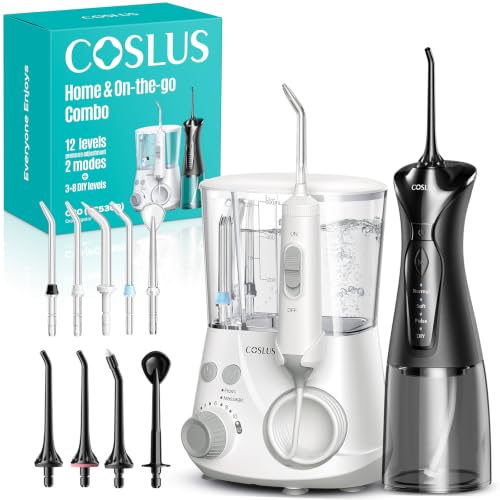 Image of COSLUS C30 Water Dental Flosser Pick for Teeth: 4 Modes Cordless Portable 300ML Larger Tank Water Teeth Cleaner IPX7 Flossing Cleaning Picks for Home Travel Black White 2Pcs Family Set
