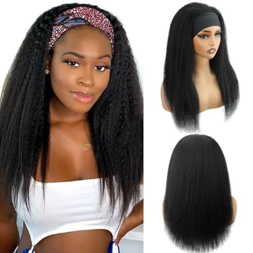 Image of Headband Wig Human Hair 12A Kinky Straight 14 Inch Yaki Straight Headband Wig 200% Density Glueless None Lace Front Wigs for Women Machine Made Wear and Go Wigs Headband Half Wigs Natural Color