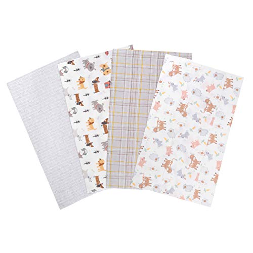 Image of Farm Friends 4 Pack Flannel Burp Cloth Set - Herringbone, Dogs, Plaid and Farm Animal prints, Gray, Yellow, Taupe, and Brown, 100% Cotton Flannel, 11.5 in x 20 in Each