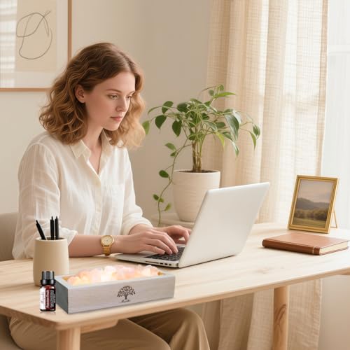 Image of Himalayan Pink Salt Lamp Diffuser with Wood Base - 300g Natural Salt, USB Powered, Warm Light & 10ml Passion Fruit Essential Oil Set for Aroma, Relaxation, Meditation, Home Decor, Gifts