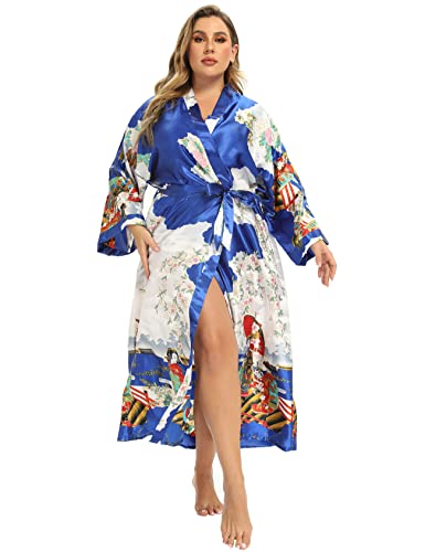Image of Women's Floral Long Satin Robes Plus Size Long Silk Robes Peacock Floral Kimonos Sleepwear Dressing Gown