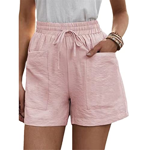 Short d'été en coton et lin rose taille haute élastique pour femme M