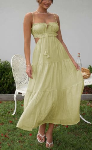Image of ebossy Women's Cut Out Ruffled Long Boho Dress Sexy Spaghetti Straps Open Back Flowy Sundress (Small, S-Yellow)