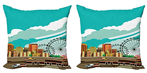 Ambesonne Ferris Wheel Throw Pillow Cushion Cover Pack of 2, Panaroma of Downtown with Skyscrapers Highway Metro Line and Amusement Park, Zippered Double-Side Digital Print Decor, 16", Multicolor